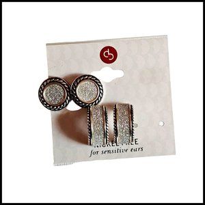DB Brand 2 Pair Earring Stud Hoops White Sparkle Circle Silver Tone Fun New Gift